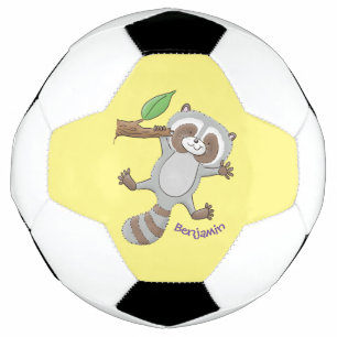 Cute happy raccoon baby cartoon illustration soccer ball