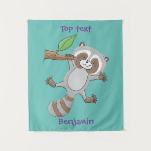 Cute happy raccoon baby cartoon illustration tapestry