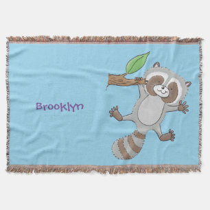 Cute happy raccoon baby cartoon illustration throw blanket