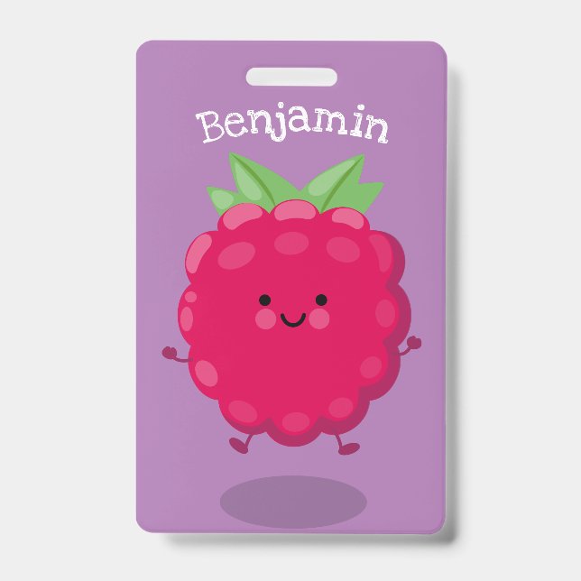Cute happy raspberry cartoon illustration badge (Front)