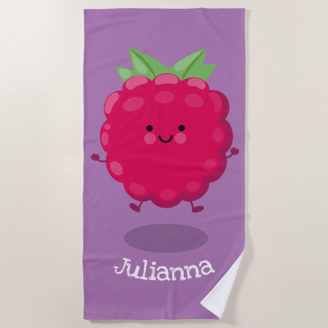 Cute happy raspberry cartoon illustration beach towel (Front)