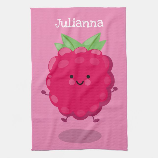Cute happy raspberry cartoon illustration kitchen towel (Vertical)