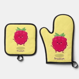 Cute happy raspberry cartoon illustration oven mitt & pot holder set