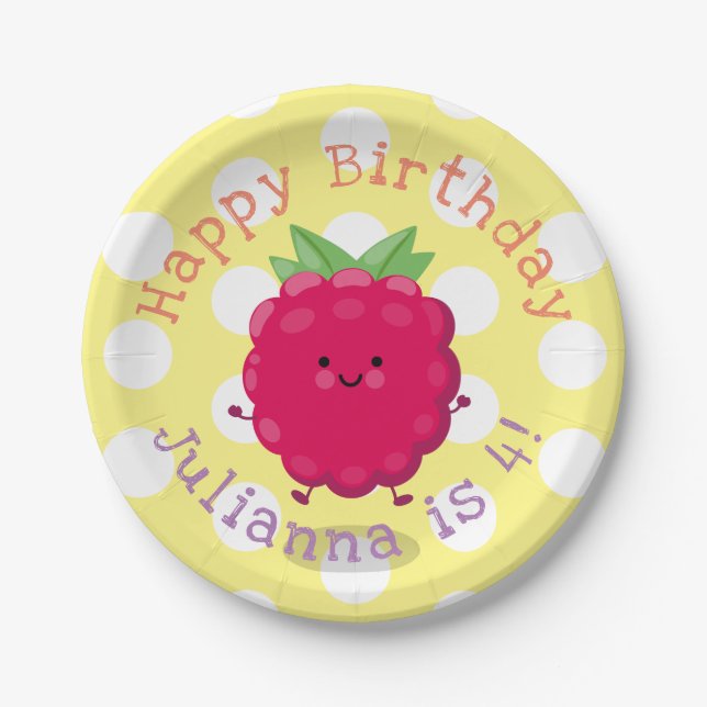 Cute happy raspberry cartoon illustration paper plate (Front)
