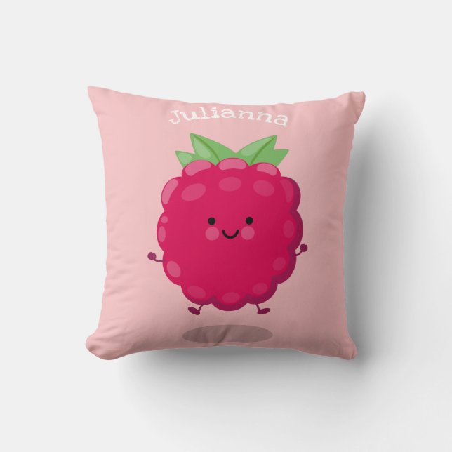 Cute happy raspberry cartoon illustration throw pillow (Front)