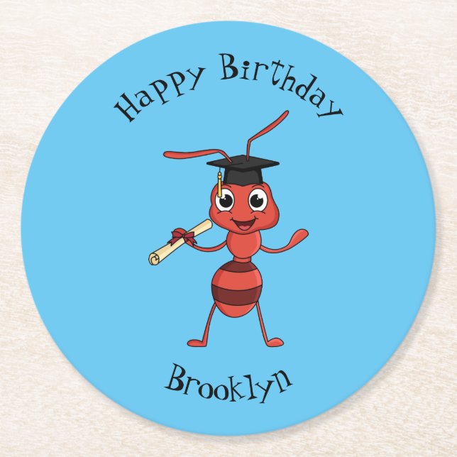 Cute happy red ant cartoon round paper coaster (Front)