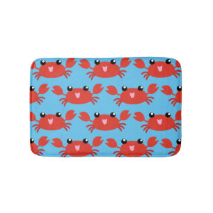 Cute Happy Red Crab Pattern on Blue Bath Mat