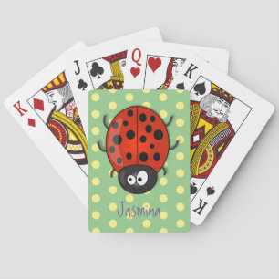 Cute happy red ladybug cartoon illustration playing cards