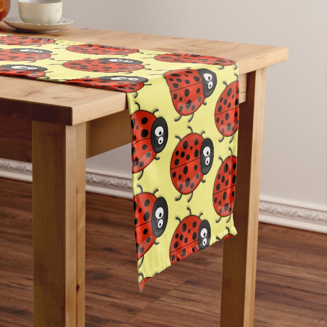 Cute happy red ladybug cartoon illustration short table runner (In Situ)