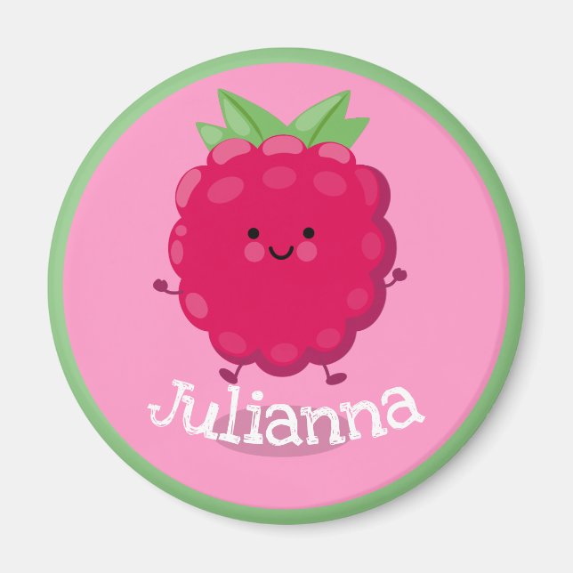 Cute happy red raspberry pink cartoon illustration magnet (Front)