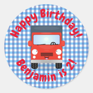 Cute happy red truck cartoon illustration classic round sticker