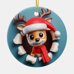 Cute Happy Santa's Reindeer Bursting Out Ceramic Ornament