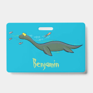 Cute, happy sea monster plesiosaur cartoon badge