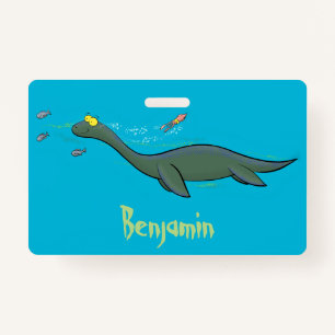 Cute, happy sea monster plesiosaur cartoon badge
