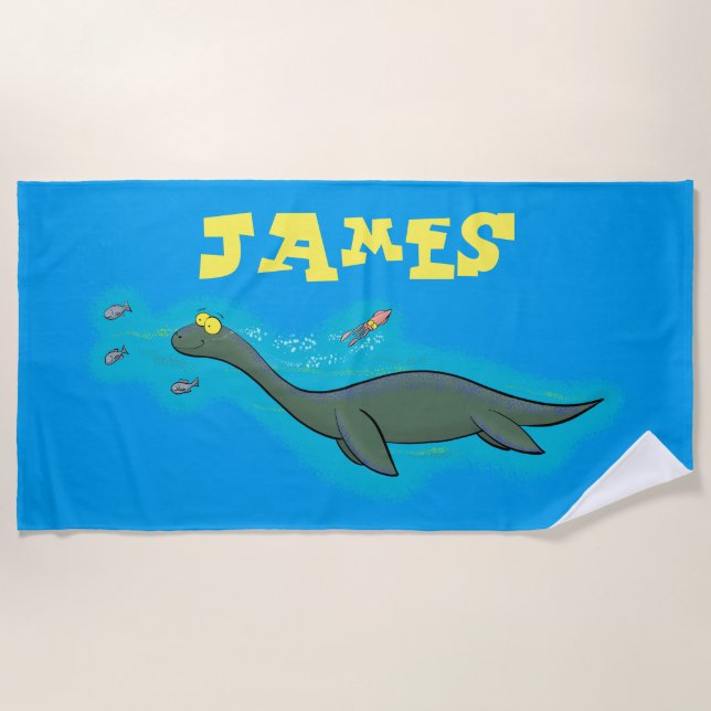 Cute, happy sea monster plesiosaur cartoon beach towel (Front)