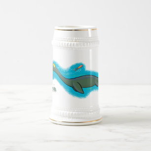Cute, happy sea monster plesiosaur cartoon beer stein