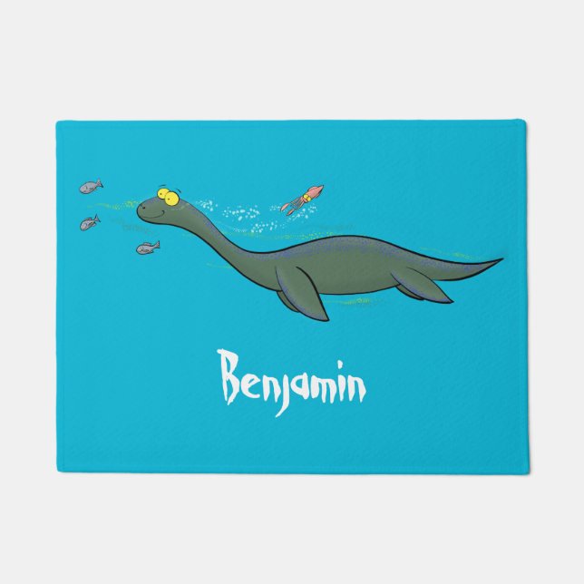 Cute, happy sea monster plesiosaur cartoon doormat (Front)