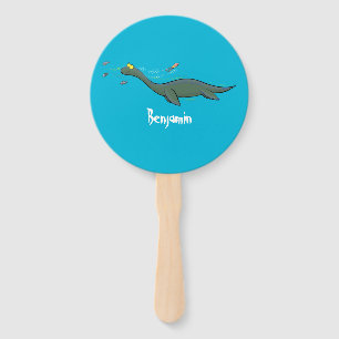 Cute, happy sea monster plesiosaur cartoon hand fan