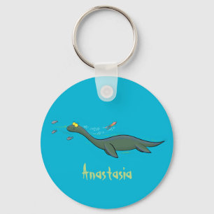 Cute, happy sea monster plesiosaur cartoon keychain