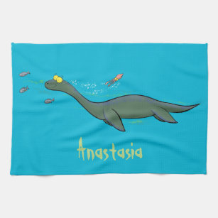 Cute, happy sea monster plesiosaur cartoon kitchen towel