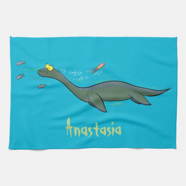Cute, happy sea monster plesiosaur cartoon kitchen towel (Horizontal)