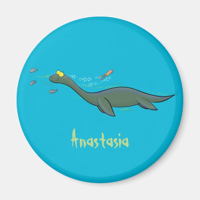Cute, happy sea monster plesiosaur cartoon magnet (Front)