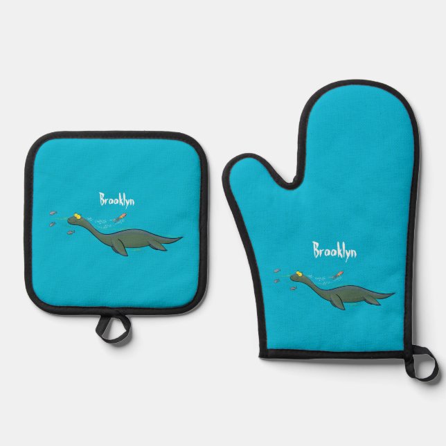 Cute, happy sea monster plesiosaur cartoon oven mitt & pot holder set (Front)