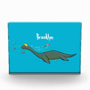 Cute, happy sea monster plesiosaur cartoon photo block