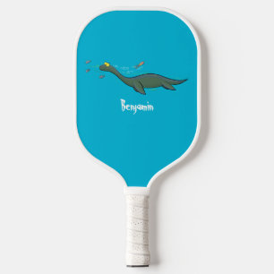 Cute, happy sea monster plesiosaur cartoon pickleball paddle