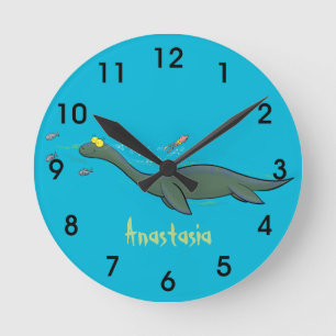 Cute, happy sea monster plesiosaur cartoon round clock