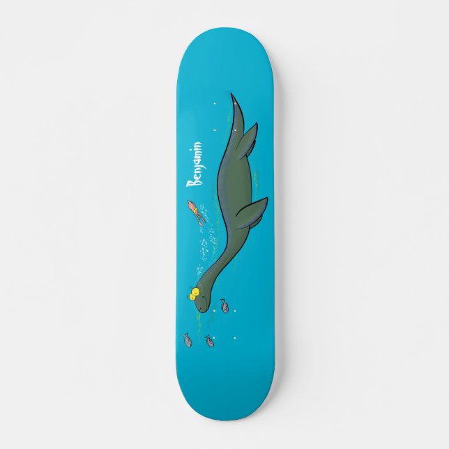 Cute, happy sea monster plesiosaur cartoon skateboard (Front)