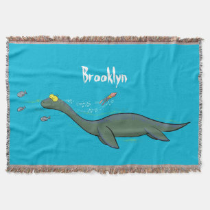 Cute, happy sea monster plesiosaur cartoon throw blanket