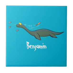 Cute, happy sea monster plesiosaur cartoon tile