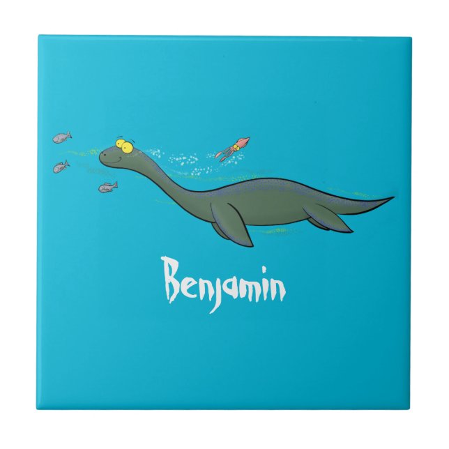 Cute, happy sea monster plesiosaur cartoon tile (Front)
