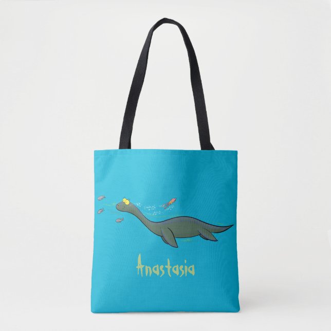 Cute, happy sea monster plesiosaur cartoon tote bag (Front)
