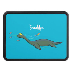 Cute, happy sea monster plesiosaur cartoon trailer hitch cover