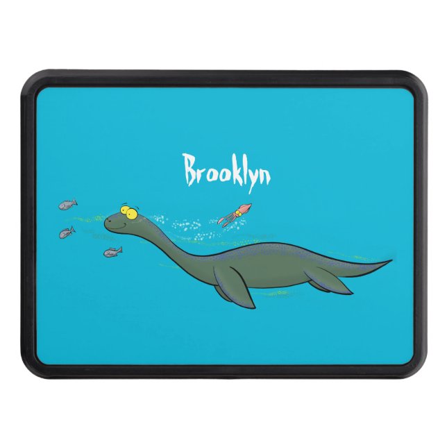 Cute, happy sea monster plesiosaur cartoon trailer hitch cover (Front)