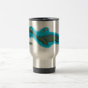 Cute, happy sea monster plesiosaur cartoon travel mug