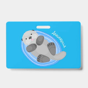Cute happy sea otter blue cartoon illustration badge