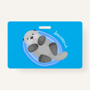 Cute happy sea otter blue cartoon illustration badge