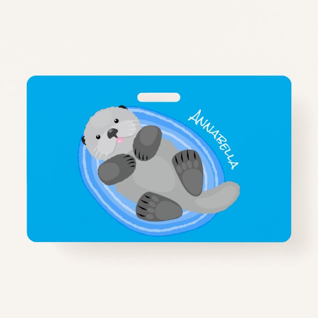 Cute happy sea otter blue cartoon illustration badge (Front)