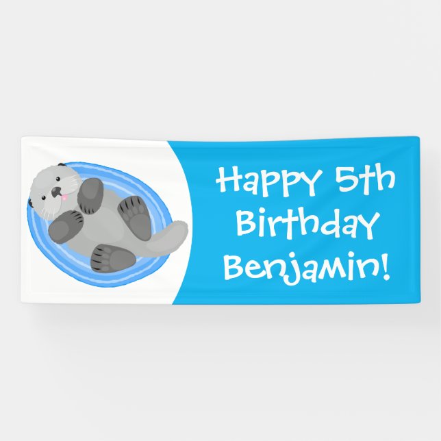 Cute happy sea otter blue cartoon illustration banner (Horizontal)