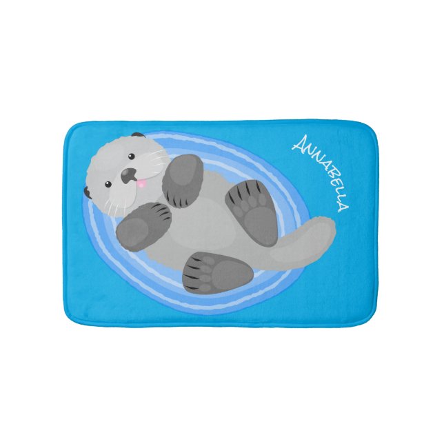 Cute happy sea otter blue cartoon illustration bath mat (Front)