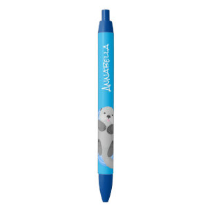 Cute happy sea otter blue cartoon illustration black ink pen
