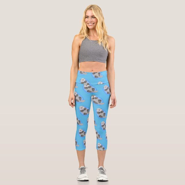 Cute happy sea otter blue cartoon illustration capri leggings (Front)