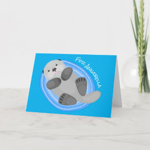 Cute happy sea otter blue cartoon illustration card