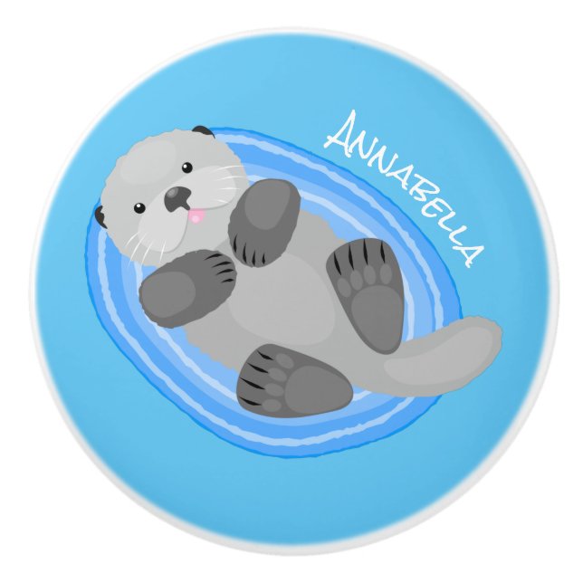 Cute happy sea otter blue cartoon illustration ceramic knob (Front)