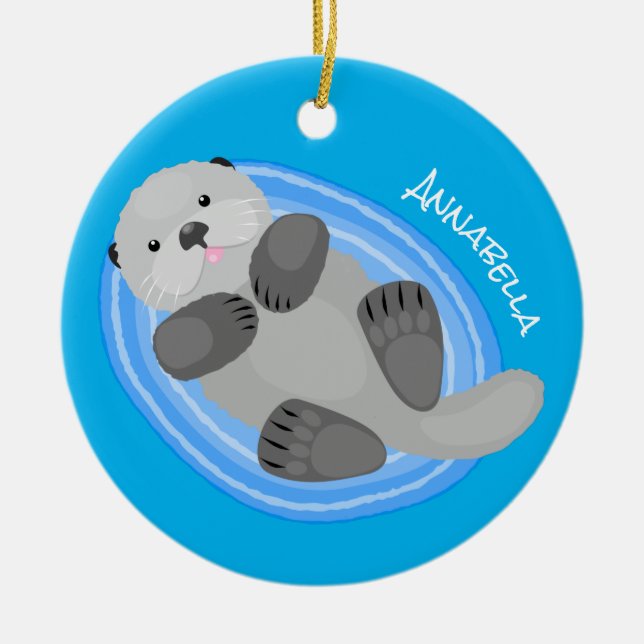 Cute happy sea otter blue cartoon illustration ceramic ornament (Front)