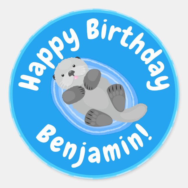 Cute happy sea otter blue cartoon illustration classic round sticker (Front)