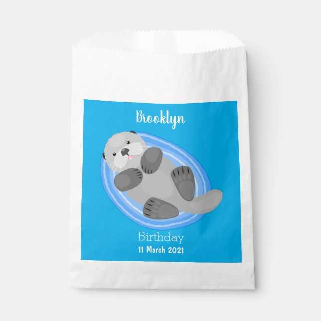 Cute happy sea otter blue cartoon illustration favour bag (Front)
